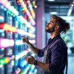 A photograph of a lighting contractor examining a display of led lights in a well-lit showroom