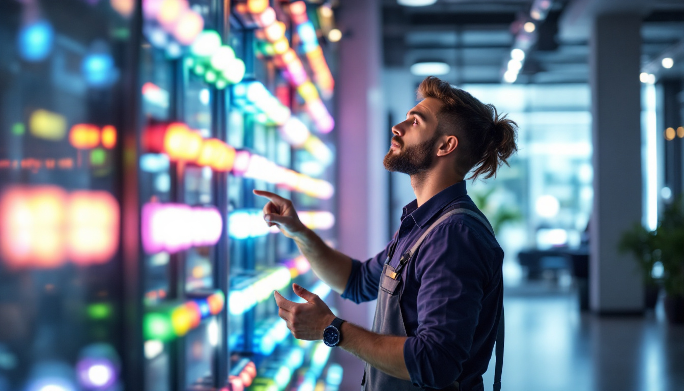 A photograph of a lighting contractor examining a display of led lights in a well-lit showroom