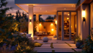 A photograph of a beautifully illuminated outdoor space at dusk