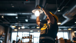 A photograph of a lighting contractor installing a led corn light bulb in a commercial setting