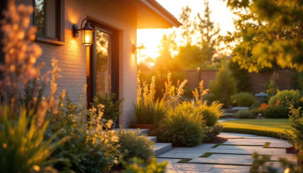 A photograph of a lighting contractor expertly installing stylish outdoor lighting fixtures in a beautifully landscaped yard during the golden hour