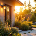 A photograph of a lighting contractor expertly installing stylish outdoor lighting fixtures in a beautifully landscaped yard during the golden hour