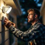 A photograph of a lighting contractor installing a motion detector light in a residential setting