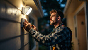 A photograph of a lighting contractor installing a motion detector light in a residential setting