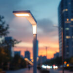 A photograph of a modern lighting pole in an urban setting