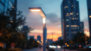 A photograph of a modern lighting pole in an urban setting