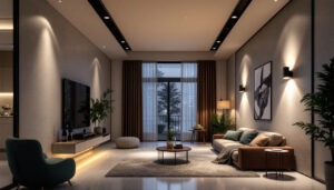 A photograph of a well-lit interior space featuring recessed led lighting