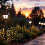 A photograph of a well-lit outdoor space featuring solar-powered led lights in use