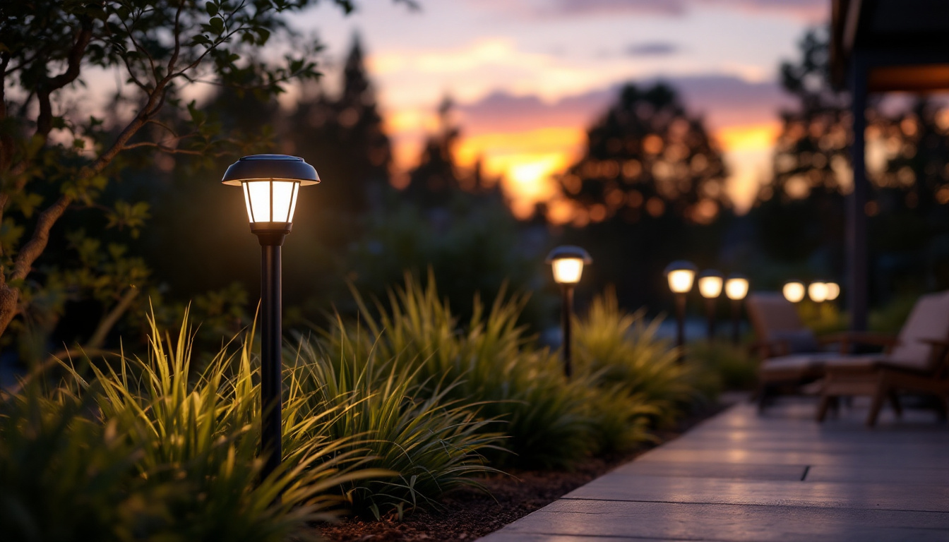 A photograph of a well-lit outdoor space featuring solar-powered led lights in use