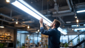 A photograph of a modern led fluorescent light fixture installed in a well-lit commercial space