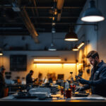 A photograph of a well-lit automotive shop interior showcasing various wall lights in action