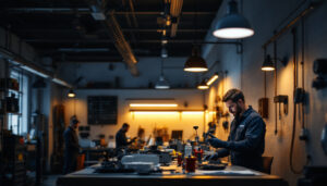 A photograph of a well-lit automotive shop interior showcasing various wall lights in action