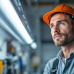 A photograph of a lighting contractor working on a fluorescent lamp installation