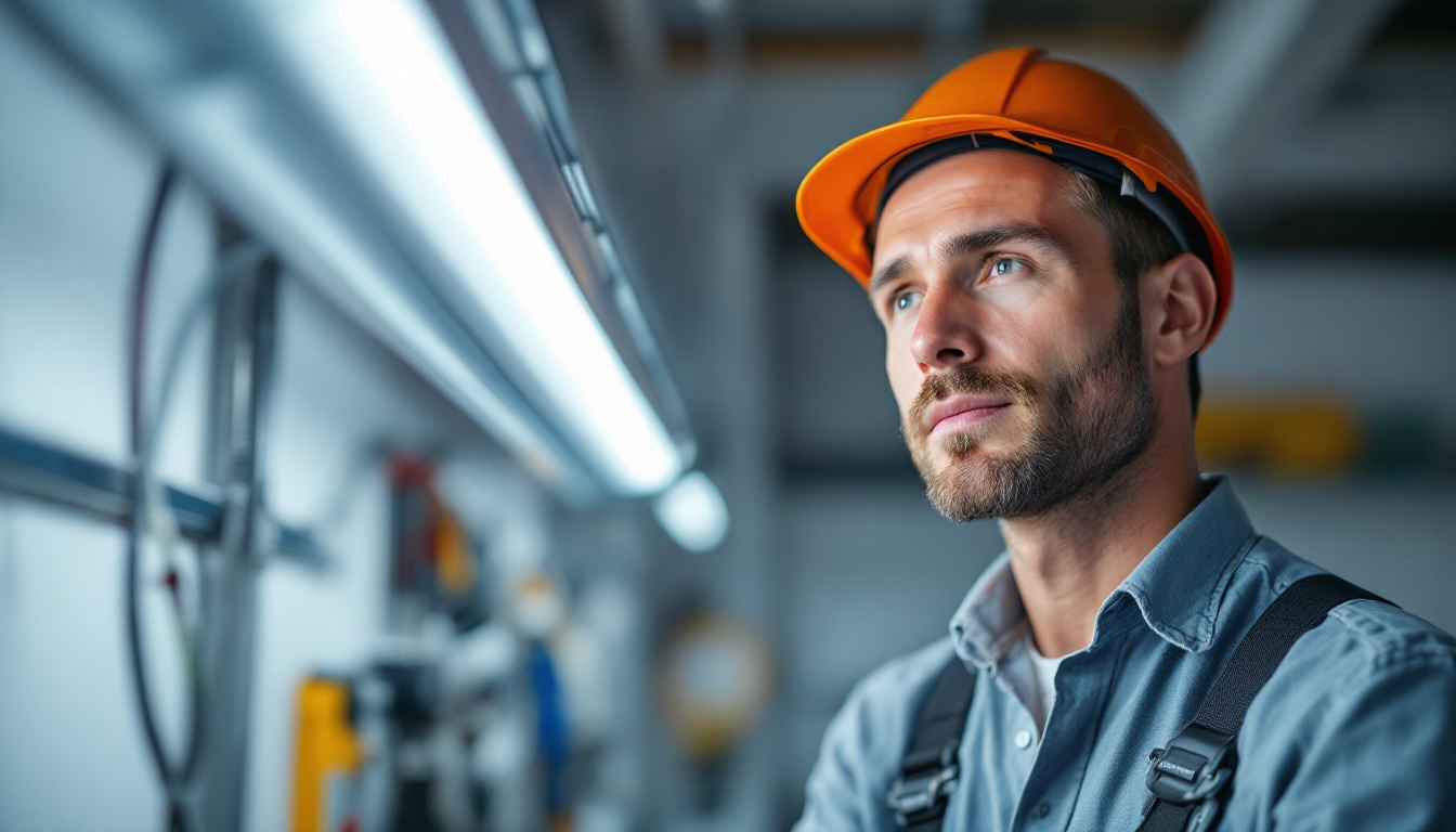 A photograph of a lighting contractor working on a fluorescent lamp installation