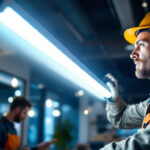 A photograph of a lighting contractor installing a sleek led tube light fixture in a modern commercial space