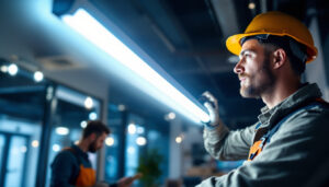 A photograph of a lighting contractor installing a sleek led tube light fixture in a modern commercial space