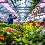 A photograph of a well-lit indoor greenhouse showcasing vibrant plants under various types of greenhouse grow lights