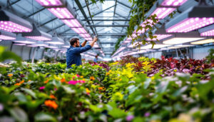 A photograph of a well-lit indoor greenhouse showcasing vibrant plants under various types of greenhouse grow lights