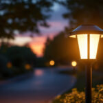 A photograph of a beautifully illuminated driveway lamp post powered by solar energy