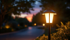 A photograph of a beautifully illuminated driveway lamp post powered by solar energy