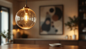 A photograph of a beautifully designed round pendant light hanging in a stylish interior setting