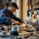 A photograph of a lighting contractor working on a project