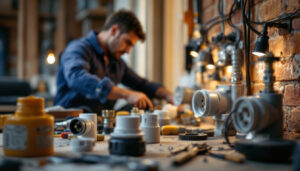 A photograph of a lighting contractor working on a project