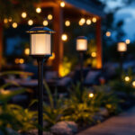A photograph of a beautifully lit outdoor space featuring various solar lanterns in use