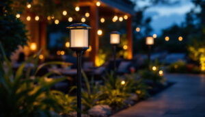 A photograph of a beautifully lit outdoor space featuring various solar lanterns in use