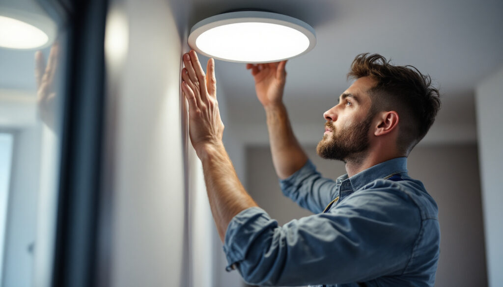 A photograph of a skilled lighting contractor installing or adjusting a sleek