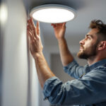 A photograph of a skilled lighting contractor installing or adjusting a sleek