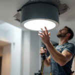 A photograph of a skilled lighting contractor installing recessed lighting housing in a modern home