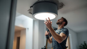 A photograph of a skilled lighting contractor installing recessed lighting housing in a modern home