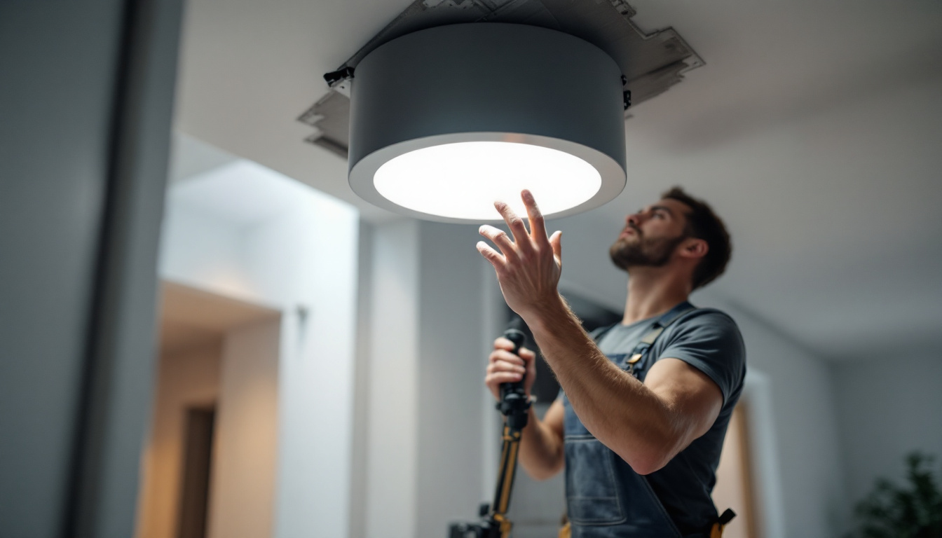 A photograph of a skilled lighting contractor installing recessed lighting housing in a modern home