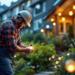 A photograph of a lighting contractor installing light bulb solar lights in a residential garden