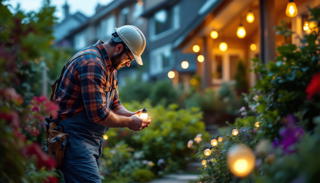 A photograph of a lighting contractor installing light bulb solar lights in a residential garden