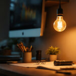 A photograph of a stylish retro led lamp illuminating a modern workspace