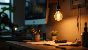 A photograph of a stylish retro led lamp illuminating a modern workspace
