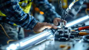 A photograph of a lighting contractor working on a t8 ballast installation