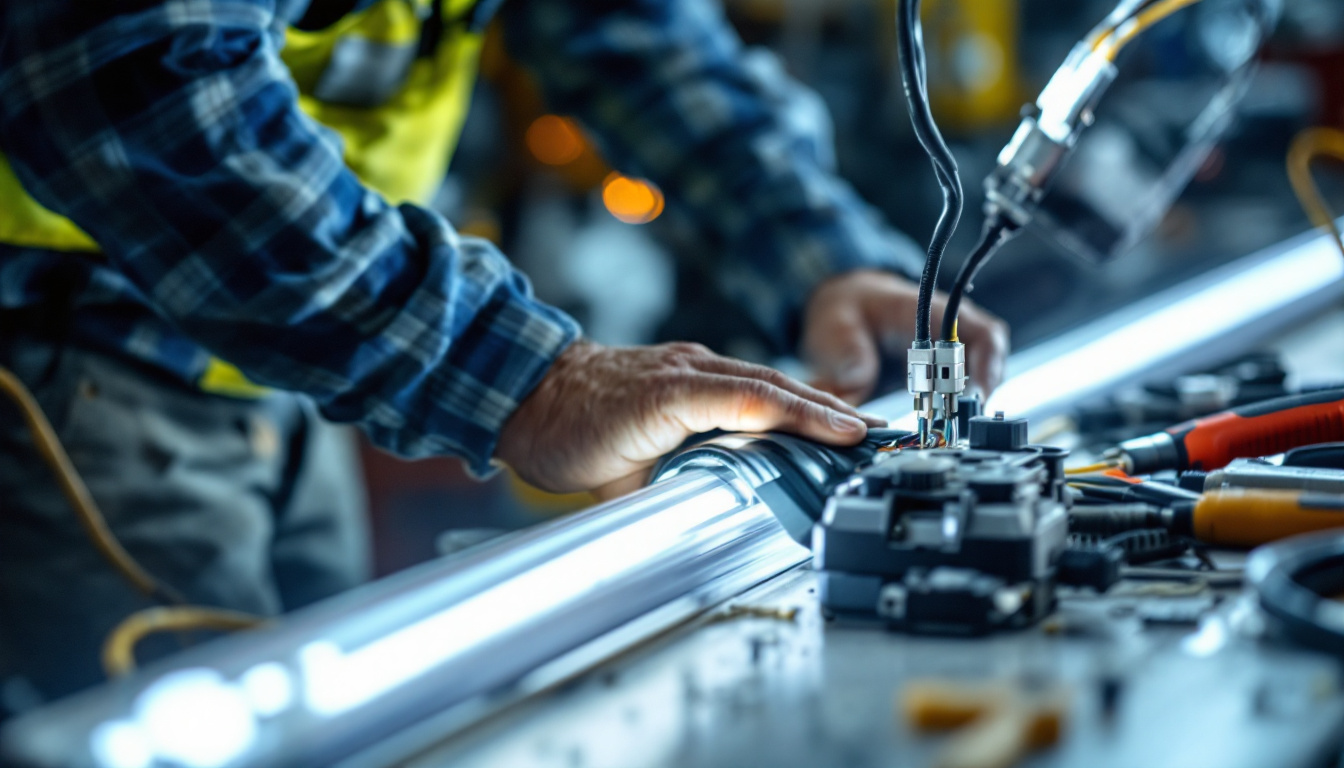 A photograph of a lighting contractor working on a t8 ballast installation