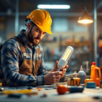 A photograph of a lighting contractor examining a modern led corn lamp in a well-lit workshop
