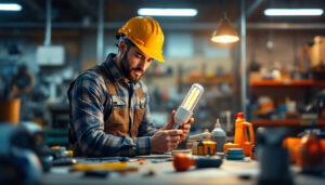 A photograph of a lighting contractor examining a modern led corn lamp in a well-lit workshop