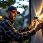 A photograph of a skilled lighting contractor installing a sleek wall light solar panel in a residential setting