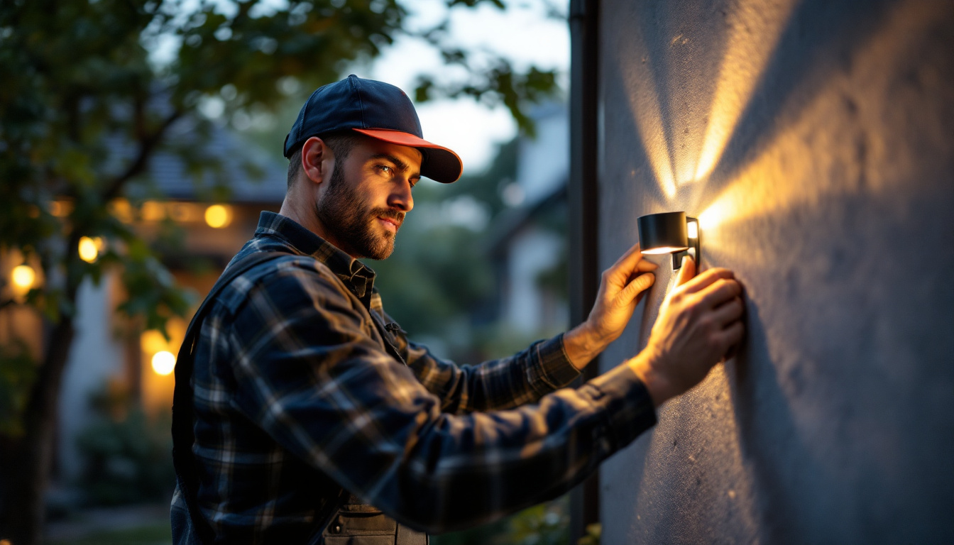 A photograph of a skilled lighting contractor installing a sleek wall light solar panel in a residential setting