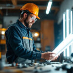 A photograph of a lighting contractor comparing t12 and t8 fluorescent tubes in a well-lit workspace