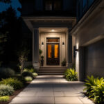 A photograph of a well-lit residential exterior featuring strategically placed home security lights illuminating pathways and entry points
