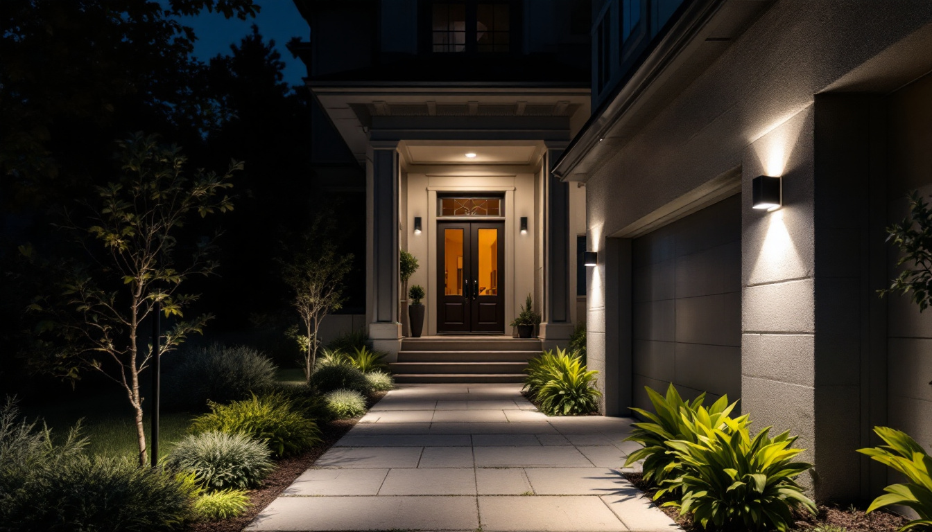 A photograph of a well-lit residential exterior featuring strategically placed home security lights illuminating pathways and entry points