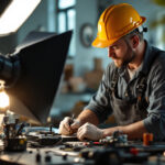 A photograph of a skilled lighting contractor in action