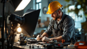 A photograph of a skilled lighting contractor in action