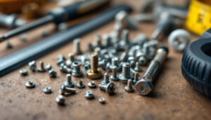 A photograph of a close-up of various light fixture screws laid out on a workbench